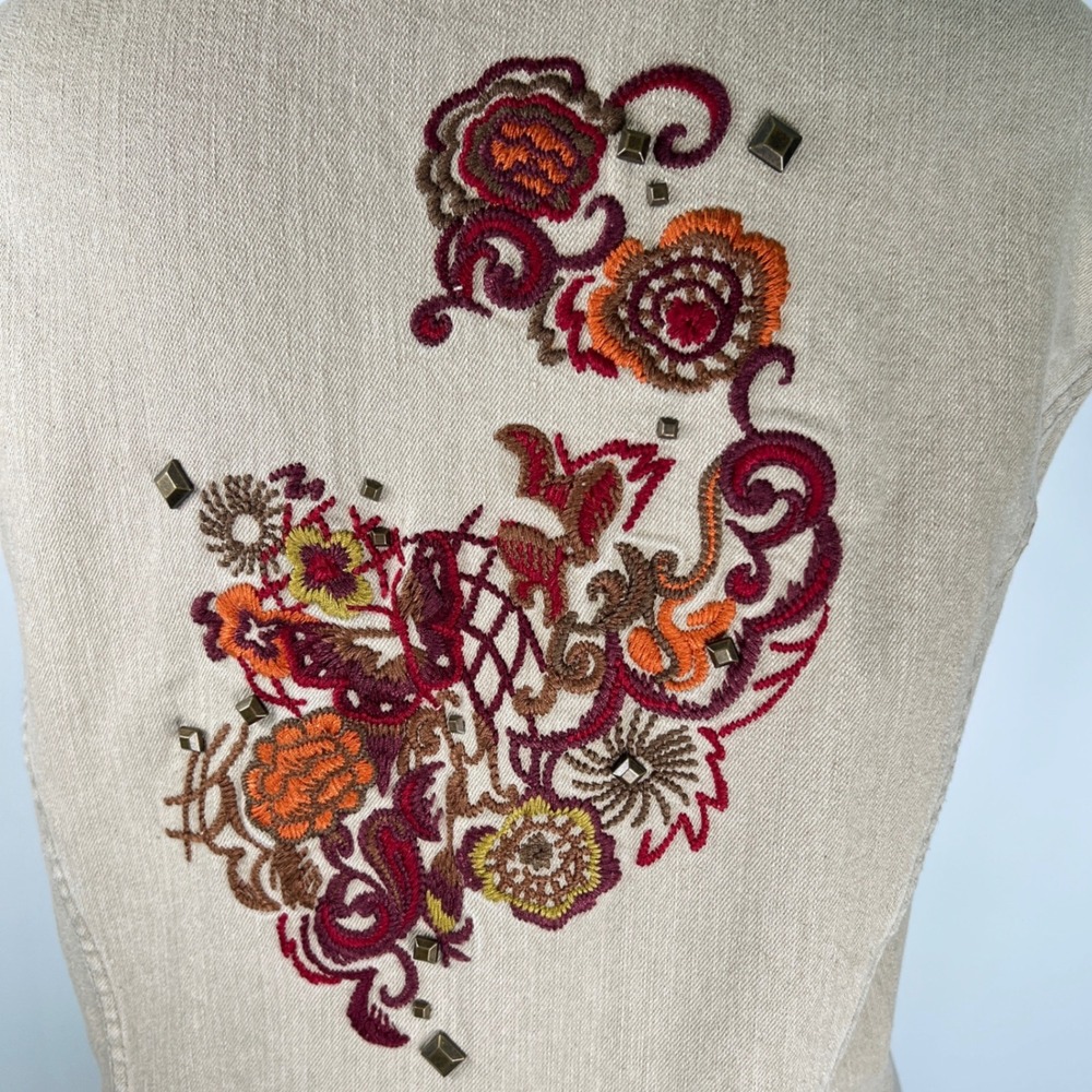 Christopher Banks Tan Denim Vest Embroidered Floral Butterfly Studded Size XL - Picture 5 of 14